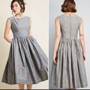Modcloth Fabulous Fit and Flare gray rainbow stripes dress